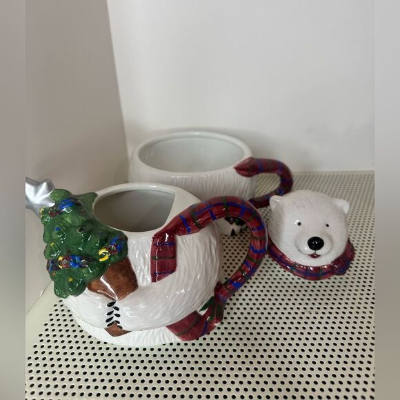Vtg Pfaltzgraff Ceramic Glazed Polar Bear TeaPot W/Hot Chocolate Coffee  Cup Mug - Picture 3 of 4
